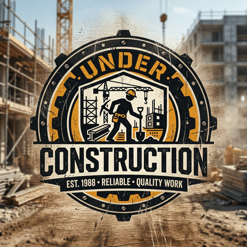 Vintage construction logo with worker, crane, buildings, and text 'Under Construction, Est. 1988, Reliable, Quality Work'